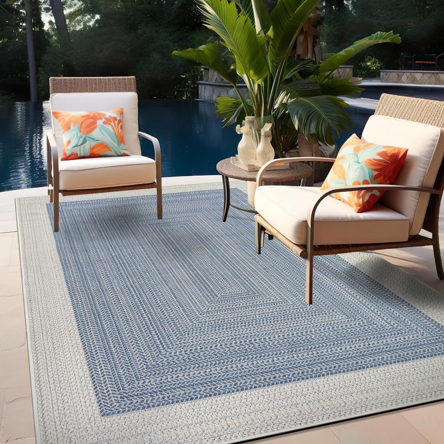 Rugshop Blue Braided Geometric Reversible Weather Resistant Indoor/Outdoor Area Rug, for Patio, Balcony and Living Room, 5' x 7'