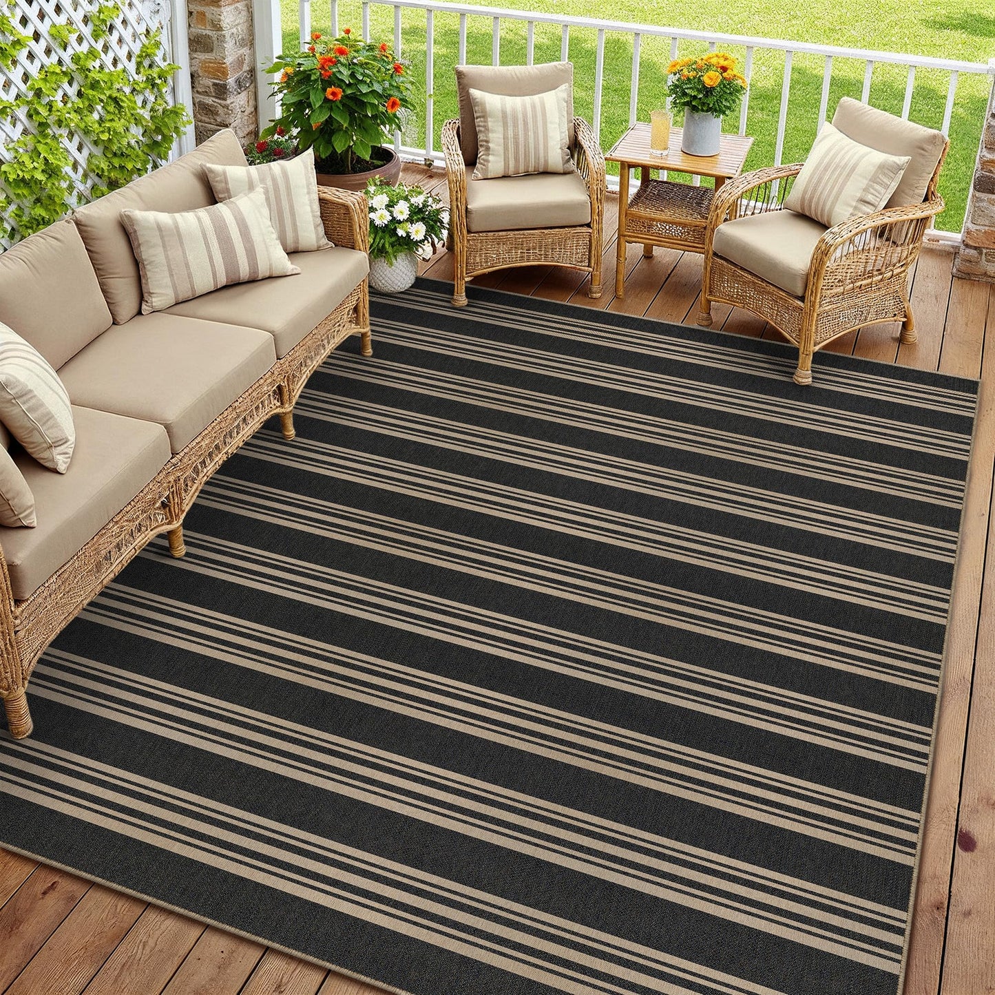 PureCozy Striped Easy Jute Rug 6x9 Black Living Room Carpet Washable Non Slip Bedroom Rug Farmhouse Neutral Non Shedding Indoor Outdoor Large Carpet for Dining Room Under Table Office