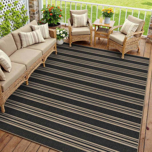 PureCozy Striped Easy Jute Rug 6x9 Black Living Room Carpet Washable Non Slip Bedroom Rug Farmhouse Neutral Non Shedding Indoor Outdoor Large Carpet for Dining Room Under Table Office