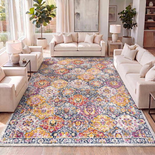 JONATHAN Y Modern Boho Vintage Trellis Ivory/Navy/Multi Indoor Area Rug, 3x5, Bohemian, Traditional, Easy-Cleaning for Living Room, Bedroom, Kitchen, Pet Friendly, Non-Shedding (MDP205C-3)