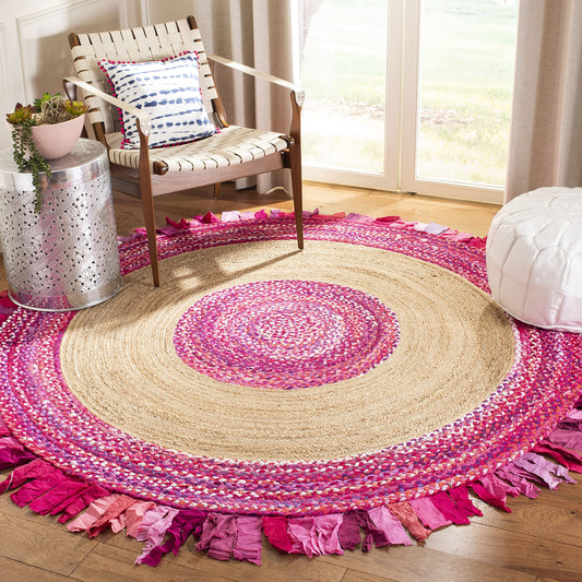 SAFAVIEH Cape Cod Collection Area Rug - 6' Round, Pink & Natural, Handmade Boho Fringe Jute & Cotton, Ideal for High Traffic Areas in Living Room, Bedroom (CAP701U)