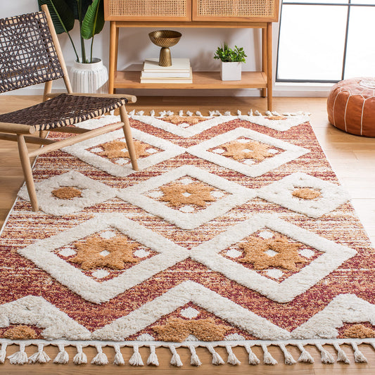 SAFAVIEH Moroccan Tassel Shag Collection Area Rug - 5'3" x 7'6", Rust & Ivory, Boho Design, Non-Shedding & Easy Care, 2-inch Thick Ideal for High Traffic Areas in Living Room, Bedroom (MTS664P)