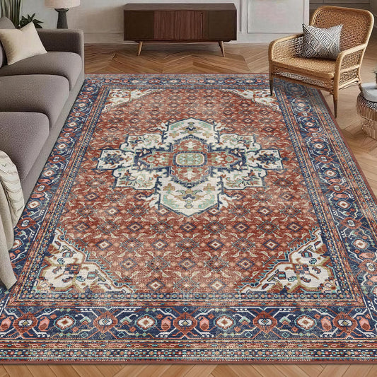 Washable Area Rug 6' x 9' Vintage Traditional Persian Mat - Foldable Distressed Non-Slip Machine Washable Carpet for Living Room Bedroom Kitchen Home Decor - Terracotta and Navy