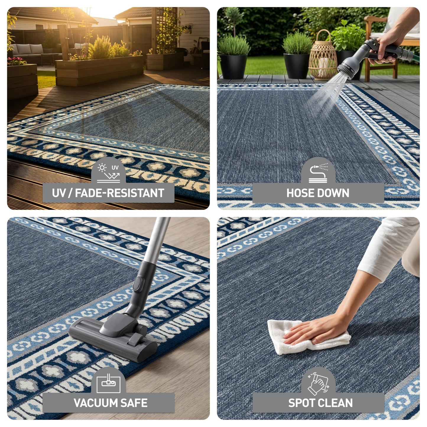 Rugshop Indoor/Outdoor High-Low Textured Runner Rug, Coastal Border, Easy-Clean Patio Rug for Porch Deck Balcony 2' x 7' Navy