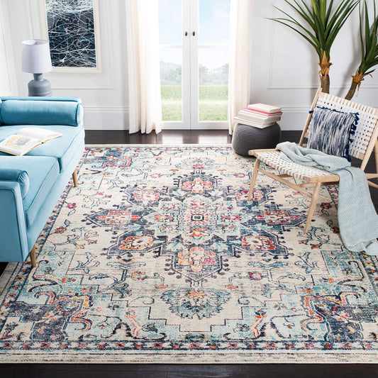 SAFAVIEH Area Rug 9x12 - Madison Collection - Large - Cream & Blue, Boho Chic Distressed Medallion Design, Non-Shedding & Easy to Clean, Ideal for Living Room, Bedroom, Dining Space (MAD473B)