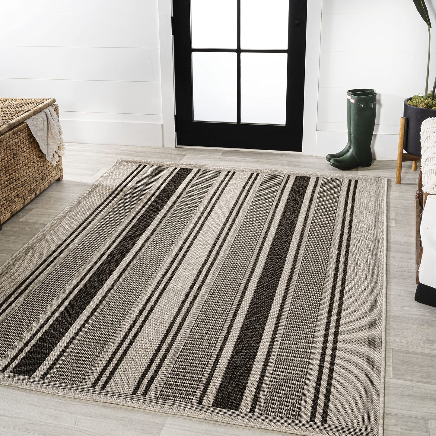 JONATHAN Y Double Stripe Indoor Outdoor Area Rug 5X8 Black/Beige, Haynes Modern for Backyard, Patio, Porch, Easy-Cleaning, High Traffic, Pet-Friendly, Non-Shedding (SMB202D-5)