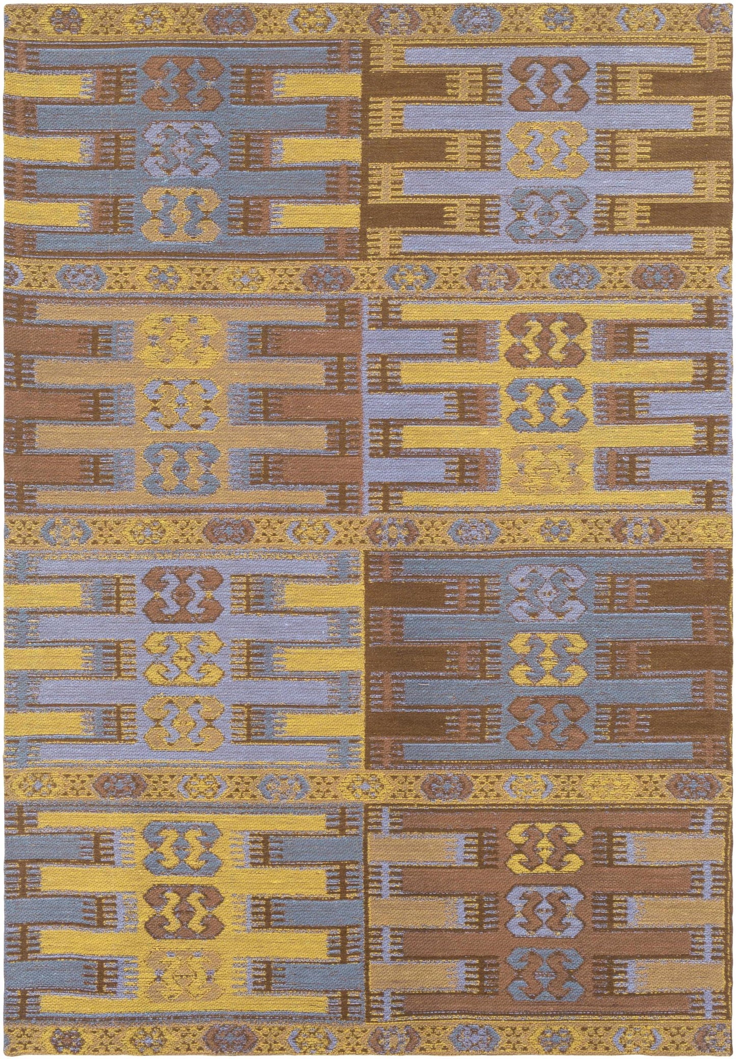 Hauteloom Bearden Recycled Material Area Rug - Geometric Striped Patchwork Abstract Border - Traditional Transitional Tribal Mid-Century Modern - Dark Red, Olive, Light Blue, Yellow, Brown - 2' x 3'