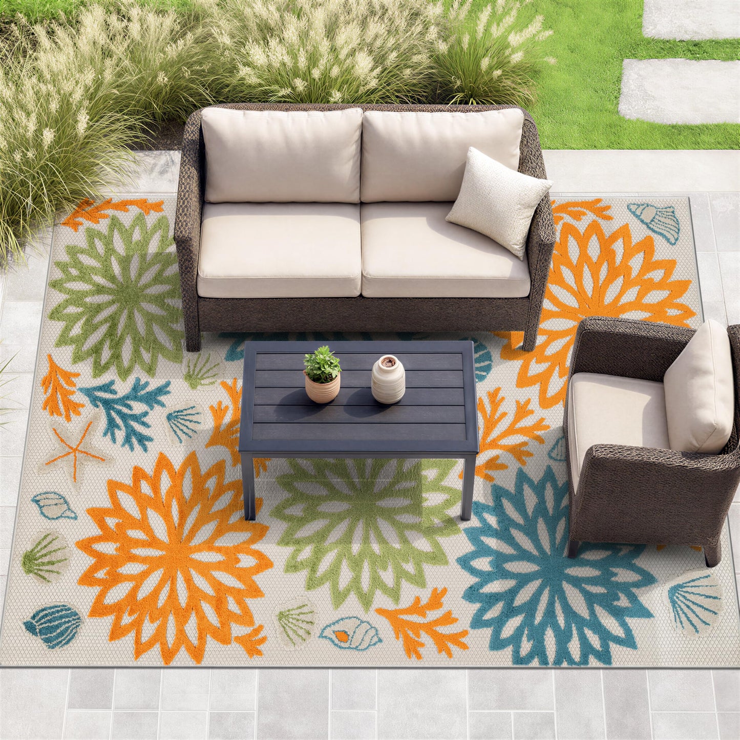 Rugshop Indoor/Outdoor High-Low Textured Area Rug, Coastal Floral, Easy-Clean Patio Rug for Porch Deck Balcony 7' 10" x 10' Multi