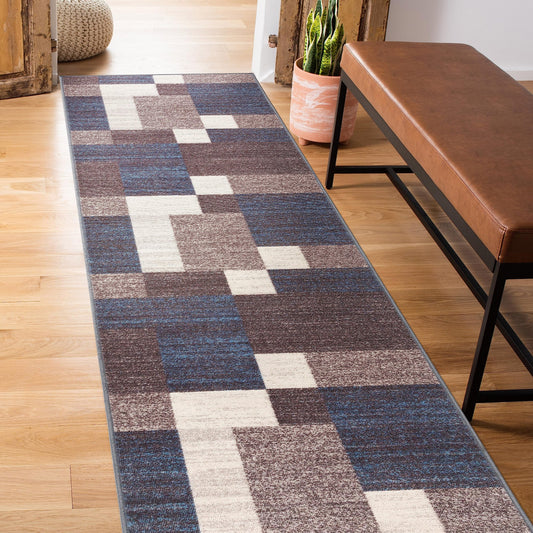 Rugshop Modern Boxes Design Non-Slip (Non-Skid) Carpet for Hallway,Entryway,Kitchen Runner Rug 2' x 10' Blue
