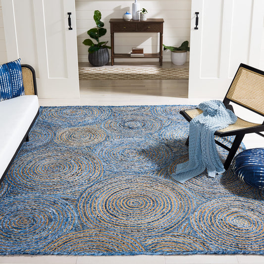 SAFAVIEH Cape Cod Collection Area Rug - 9' x 12', Blue & Natural, Handmade Boho Braided Circles Jute & Cotton, Ideal for High Traffic Areas in Living Room, Bedroom (CAP203M)