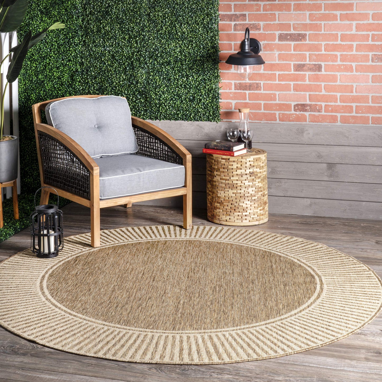 """nuLOOM 5' x 8' Outdoor Area Rug, Casual Design With Striped Border, Stain Resistant, Highly Durable, For Patio, Balcony, Bedroom, Living Room, Dining Room, Bathroom, Light Brown"""
