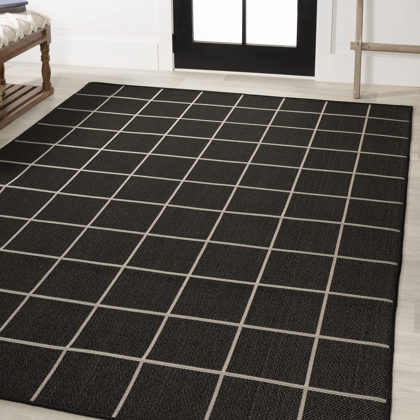 JONATHAN Y Grid Squares Indoor Outdoor Area Rug 5X8 Black/Cream, Modern for Backyard, Patio, Porch, Easy-Cleaning, High Traffic, Pet-Friendly, Non-Shedding (SMB200B-5)