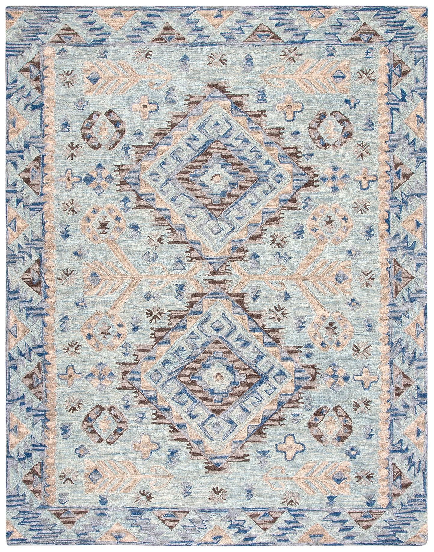 SAFAVIEH Aspen Collection Area Rug - 9' x 12', Blue & Beige, Handmade Boho Wool, Ideal for High Traffic Areas in Living Room, Bedroom (APN504A)