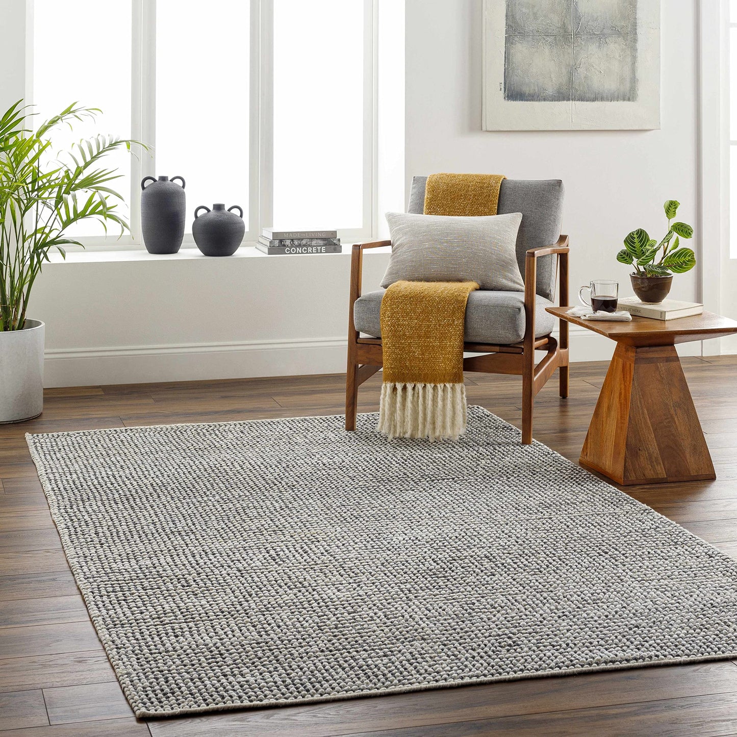Hauteloom Piri Recycled Material Living Room, Bedroom Area Rug - Contemporary - Light Gray, Eggplant, Neutral - 5' x 7'6"