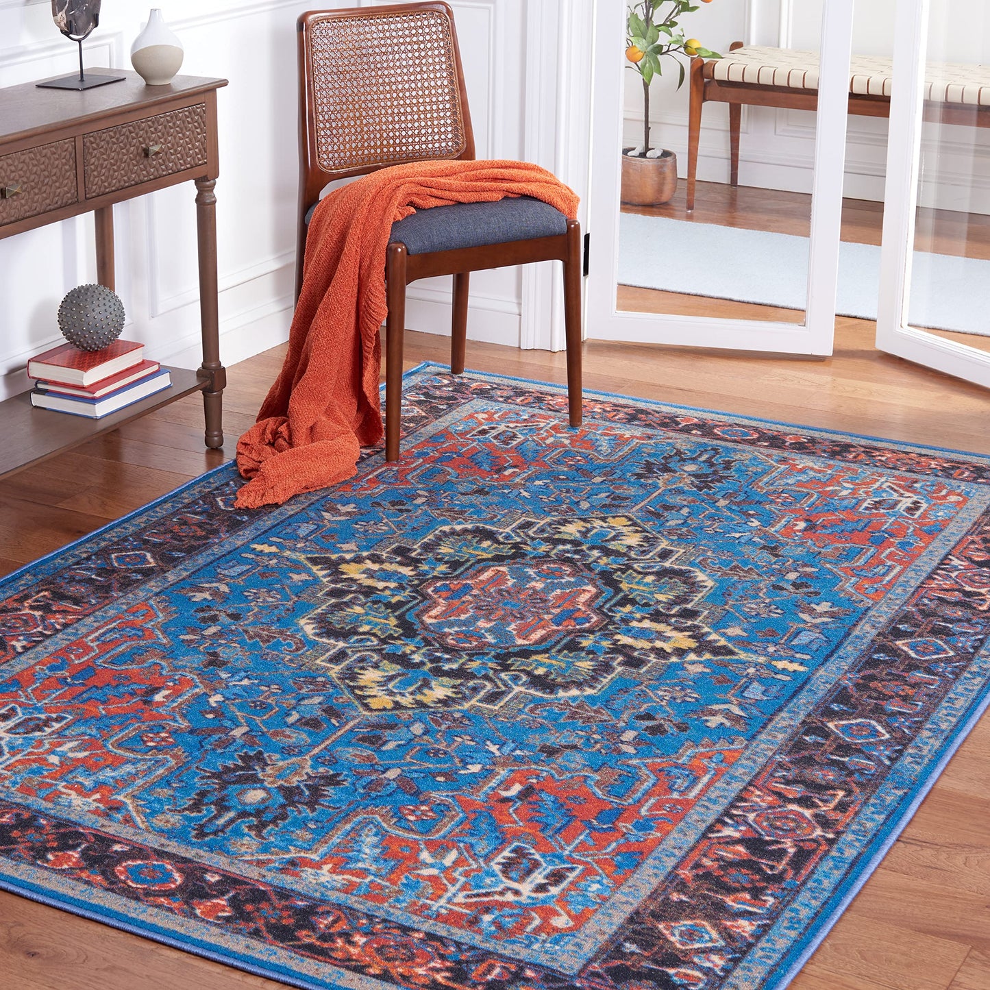 SAFAVIEH Washable Rug Journey Collection - 4'4" x 6', Blue & Red, Slip Resistant & Easy Cleaning, Ideal for Living Room, Bedroom, Kids Playroom Nursery, Office, Dining Space (JNY107M)