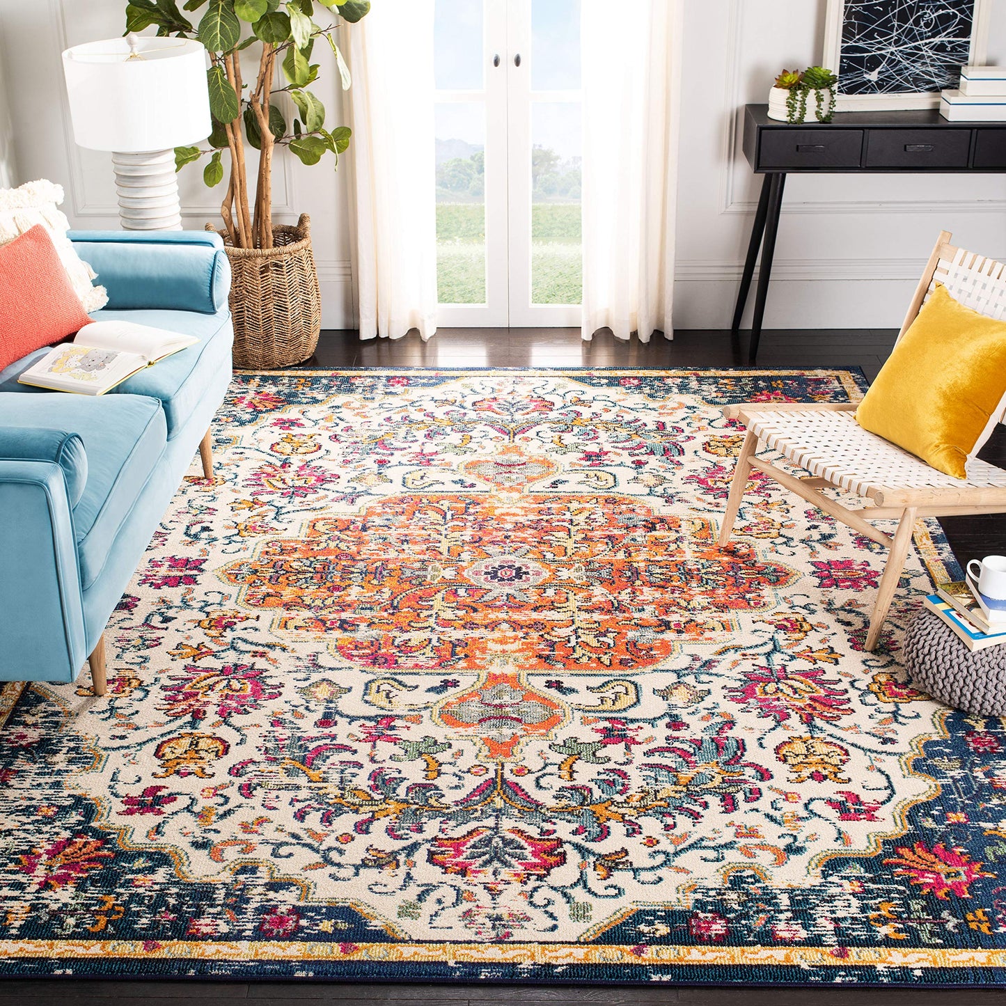 SAFAVIEH Area Rug 8x10 - Madison Collection - Large - Ivory & Orange, Boho Chic Medallion Distressed Design, Non-Shedding & Easy Cleaning, Ideal for Living Room, Bedroom, Dining Space (MAD447A)