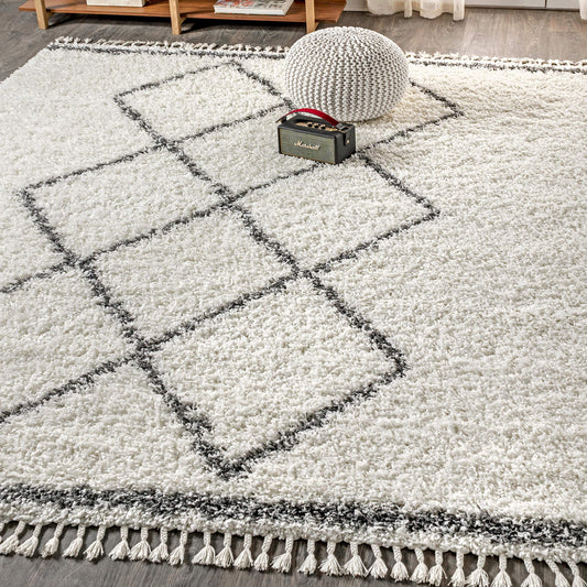 JONATHAN Y Mercer Shag Plush Tassel Cream/Gray Indoor Area Rug, 5x8, Moroccan Geometric Trellis, Bohemian, Easy-Cleaning for Living Room, Bedroom, Kitchen, Pet Friendly, Non-Shedding (MCR103B-5)