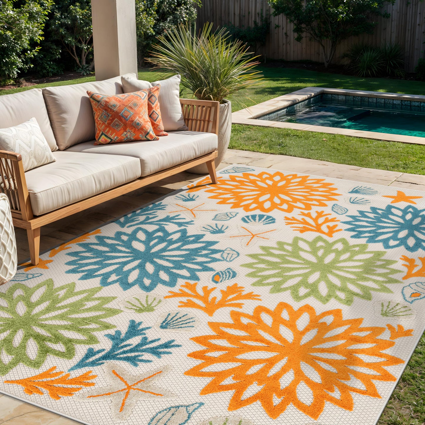 Rugshop Indoor/Outdoor High-Low Textured Area Rug, Coastal Floral, Easy-Clean Patio Rug for Porch Deck Balcony 6' 6" x 9' Multi