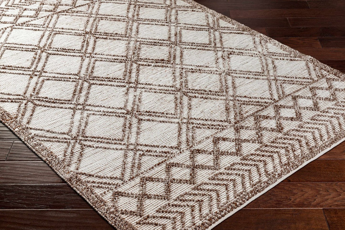 Hauteloom Whitney Recycled Material Area Rug - Geometric Diamond Trellis Lattice Border - Bohemian Transitional Moroccan Boho Tribal - Beige, Dark Brown, Cream, Brown, Taupe - 5' x 7'6"