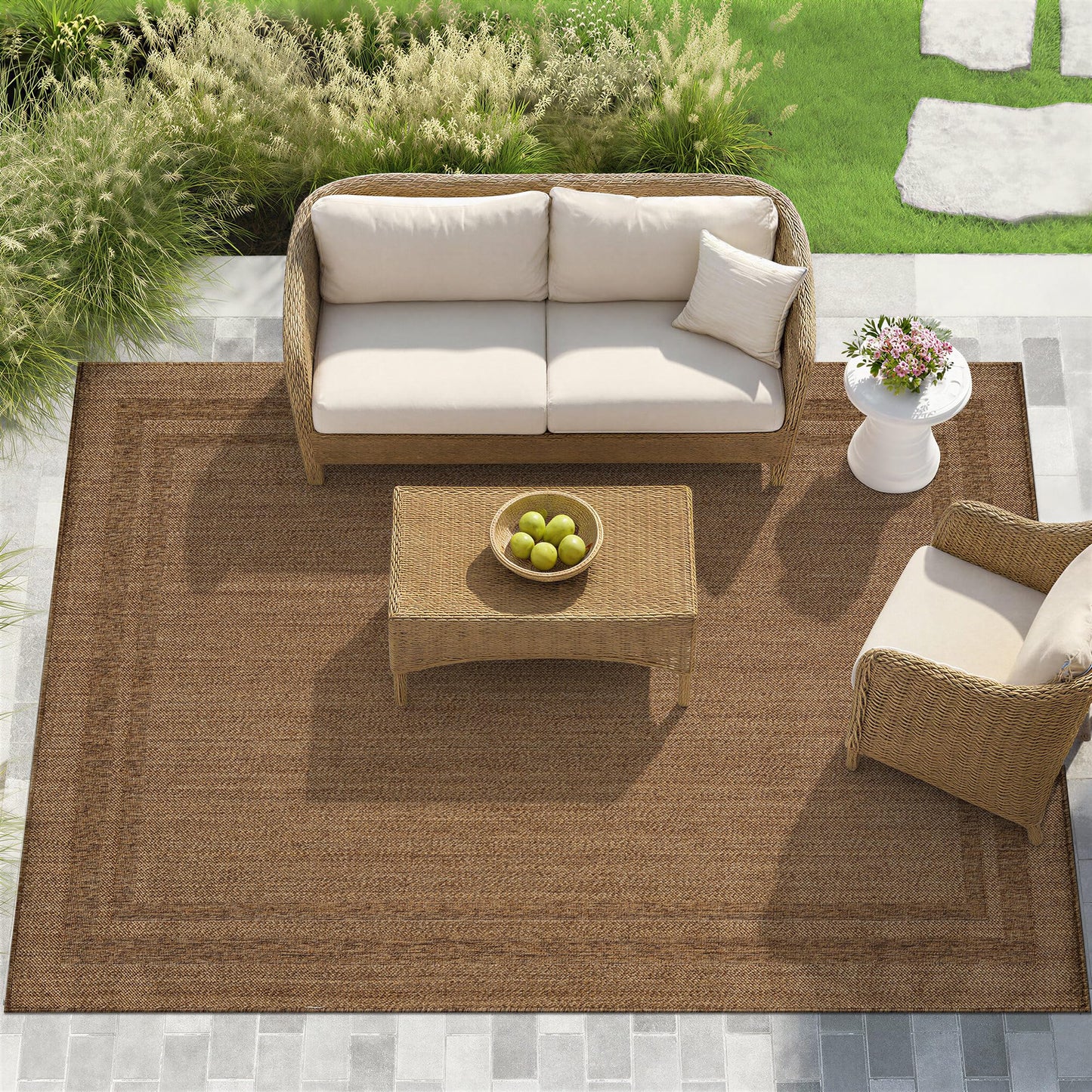 Rugshop Border Stripe Indoor Outdoor Flat Woven Area Rug,Natural Jute-Style,Easy-Care Patio Rug for Backyard Porch Deck Balcony, 7'10" x 10' Natural/Jute