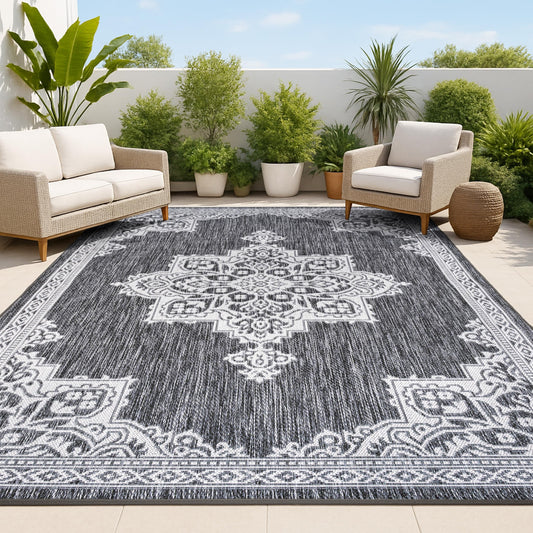 JONATHAN Y Vintage Medallion Indoor Outdoor Area Rug 4X6 Dark Gray/Cream, Arden Casual for Backyard, Patio, Porch, Easy-Cleaning, High Traffic, Pet-Friendly, Non-Shedding (SMB300A-4)