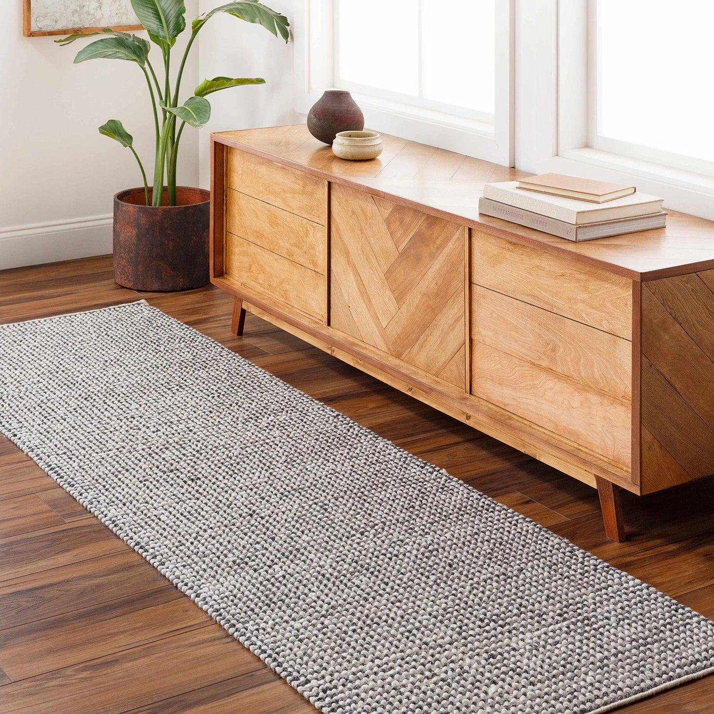 Hauteloom Piri Recycled Material Living Room, Bedroom Area Rug - Contemporary - Light Gray, Eggplant, Neutral - 5' x 7'6"