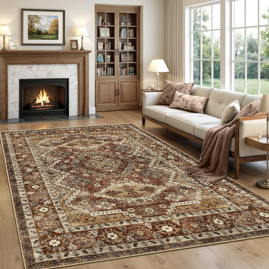 Rugland 5x7 Area Rugs - Stain Resistant Washable Rug, Anti Slip Backing Rugs for Living Room, Vintage Tribal Area Rugs (TPR07-Rust, 5'x7')