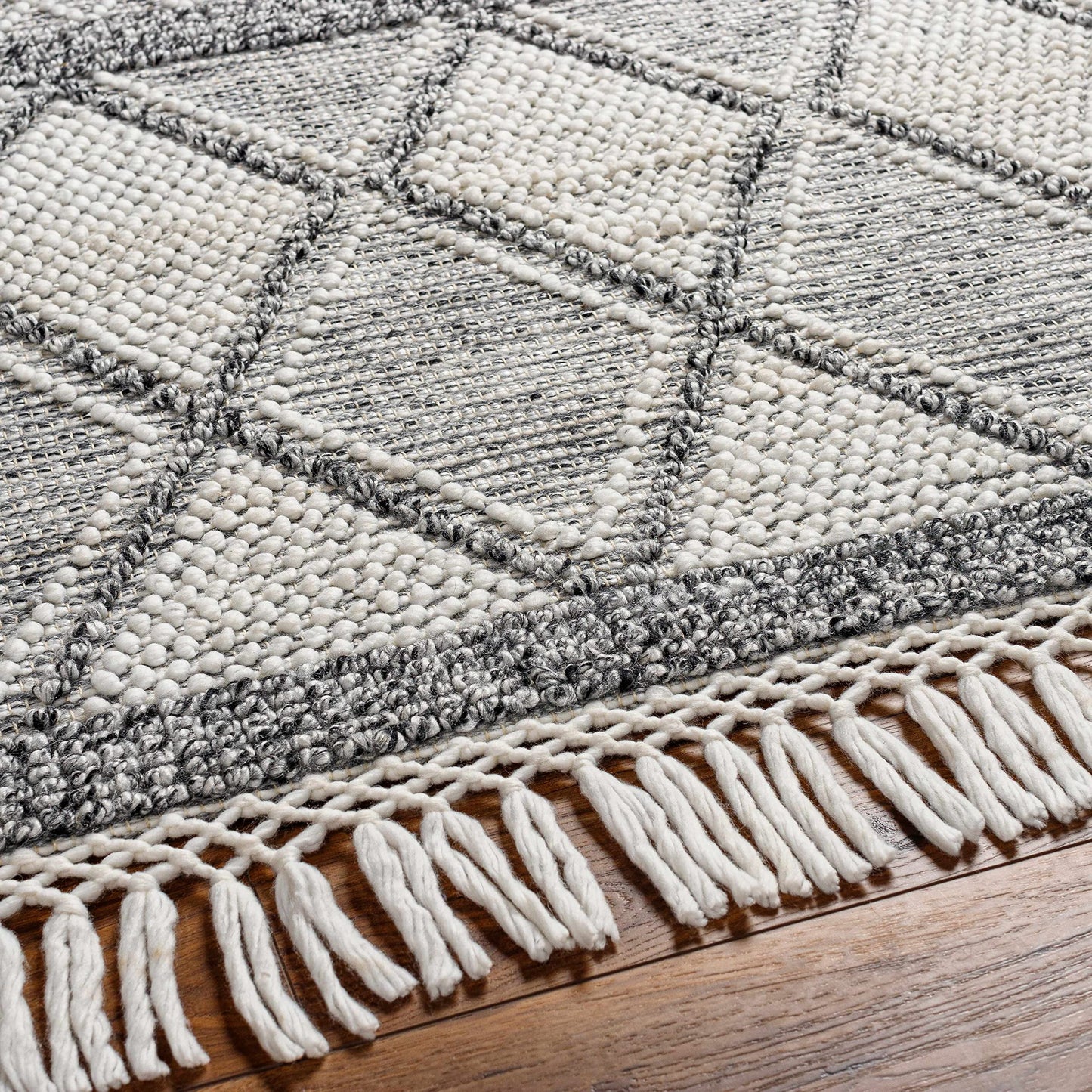 Hauteloom Rehn Recycled Material Area Rug - Geometric Diamond Trellis Striped Triangle - Bohemian Transitional Boho Moroccan Tribal - White, Black, Light Slate, Gray, Cream - 27" x 45"