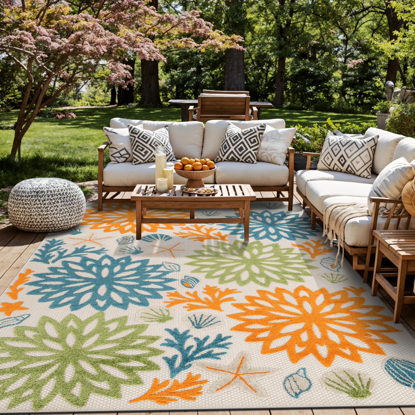 Rugshop Indoor/Outdoor High-Low Textured Area Rug, Coastal Floral, Easy-Clean Patio Rug for Porch Deck Balcony 7' 10" x 10' Multi