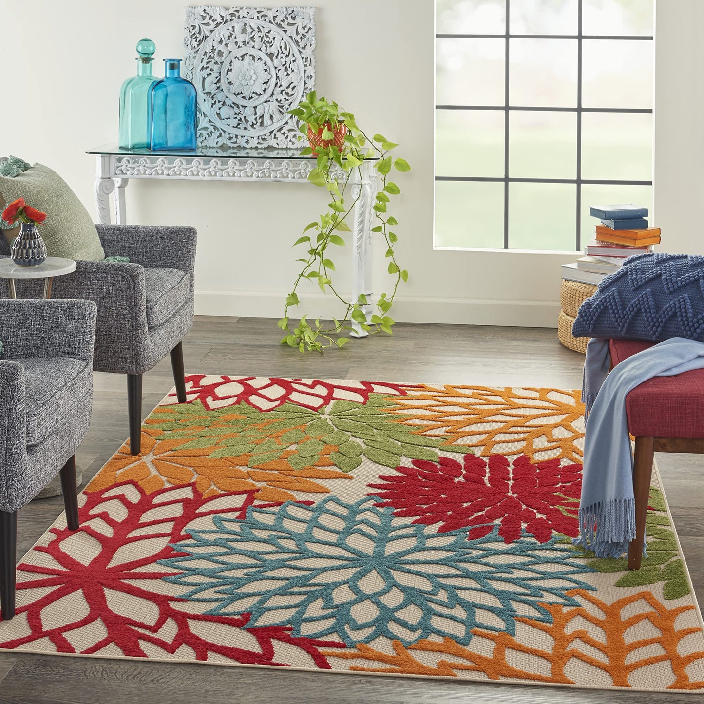 Nourison Home Aloha Indoor/Outdoor Green 5'3" x 7'5" Area Rug, Tropical, Botanical, Easy Clean, Non Shedding, Bed Room, Living Room, Dining Room, Deck, Backyard, Patio (5x7)