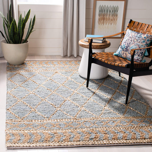 SAFAVIEH Natural Fiber Collection Accent Rug - 4' x 6', Natural & Blue, Handmade Boho Moroccan Trellis Jute, Ideal for High Traffic Areas in Entryway, Living Room, Bedroom (NF955N)