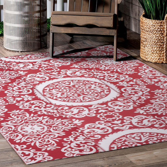 NUU GARDEN Outdoor Rug, Plastic Straw Foldable Area Rug Indoor Outdoor Carpet for Patio Decor Balcony Camping Picnic RV, 6 ft x 9 ft, Red and White