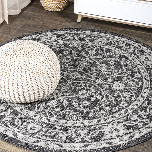 JONATHAN Y Vine & Border Indoor Outdoor Round Area Rug 5 Ft Black/Gray, Palazzo Textured Weave for Backyard, Patio, Porch, Easy-Cleaning, High Traffic, Pet-Friendly, Non-Shedding (SMB103C-5R)
