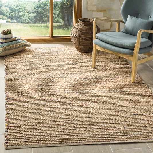 SAFAVIEH Cape Cod Collection Area Rug - 6' Square, Natural & Multi, Handmade Boho Braided Stripe Jute, Ideal for High Traffic Areas in Living Room, Bedroom (CAP307B)