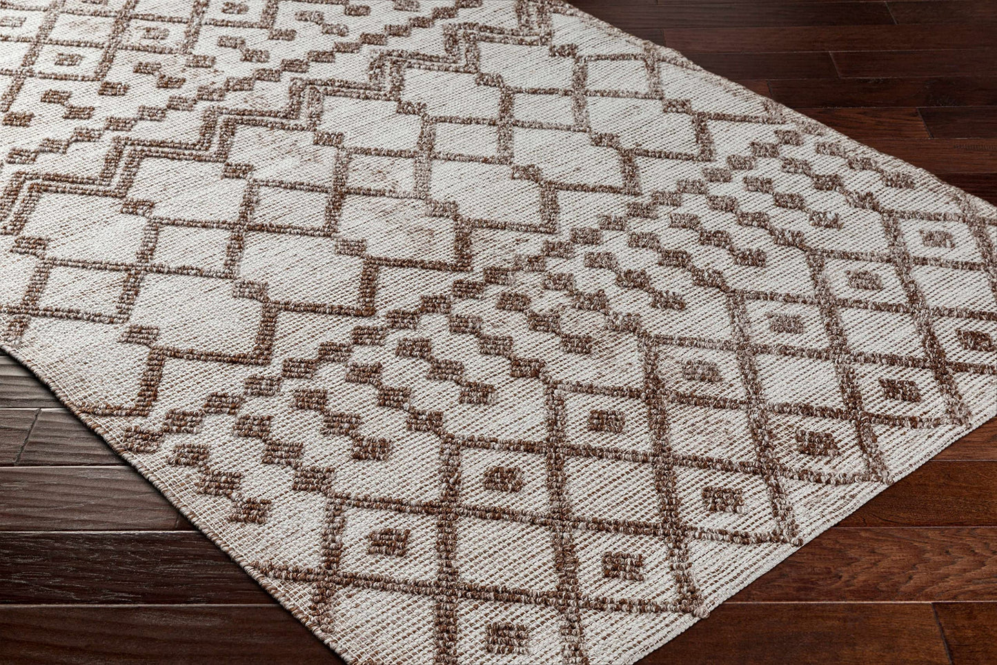 Hauteloom Elora Recycled Material Area Rug - Geometric Diamond Chevron Trellis Border - Bohemian Transitional Boho Moroccan Tribal - Off - White, Dark Red, Tan, Cream, Brown - 2' x 3'