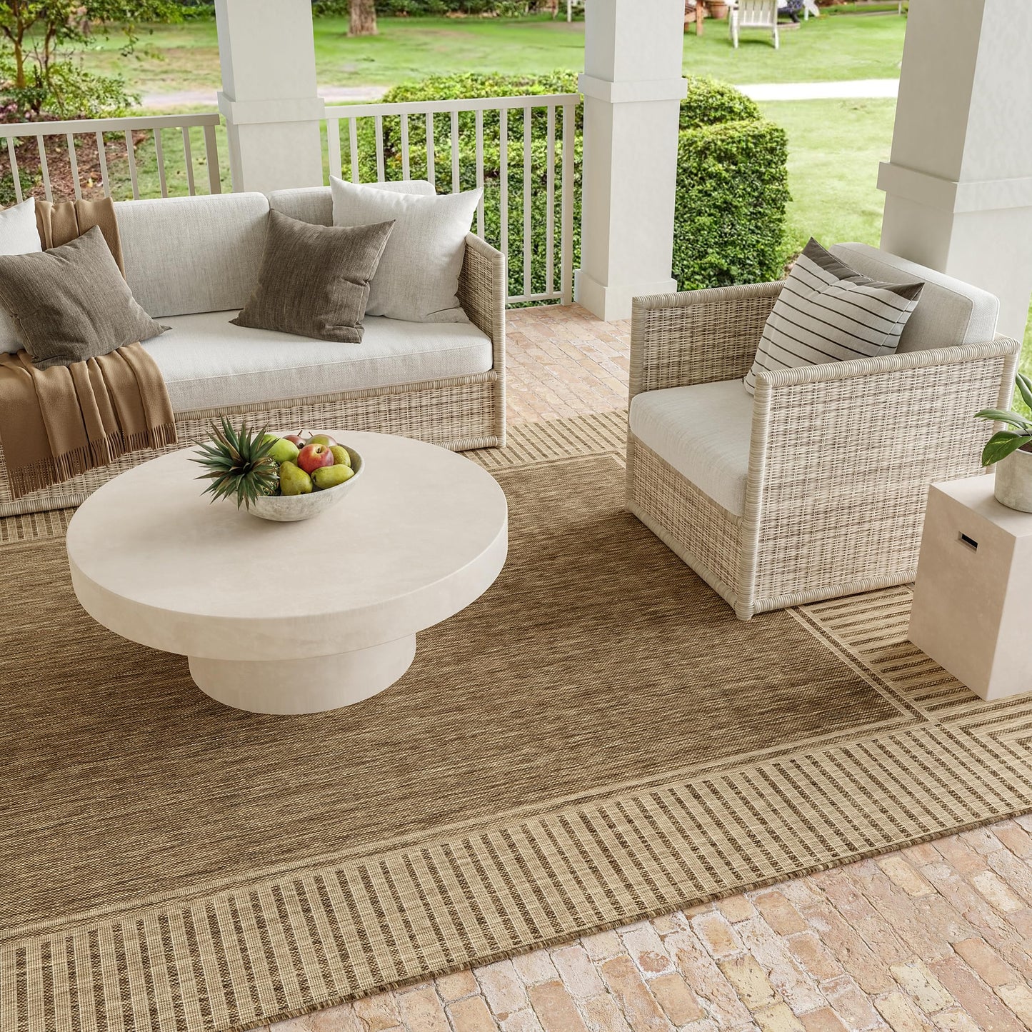 Nuloom Asha Light Brown/Ivory, 6'7" Round, Casual, Striped Border, Soft and Cozy, High Traffic, Easy Clean, Durable Area Rug for Indoor/Outdoor Patio, Deck, Porch, Garden, Courtyard