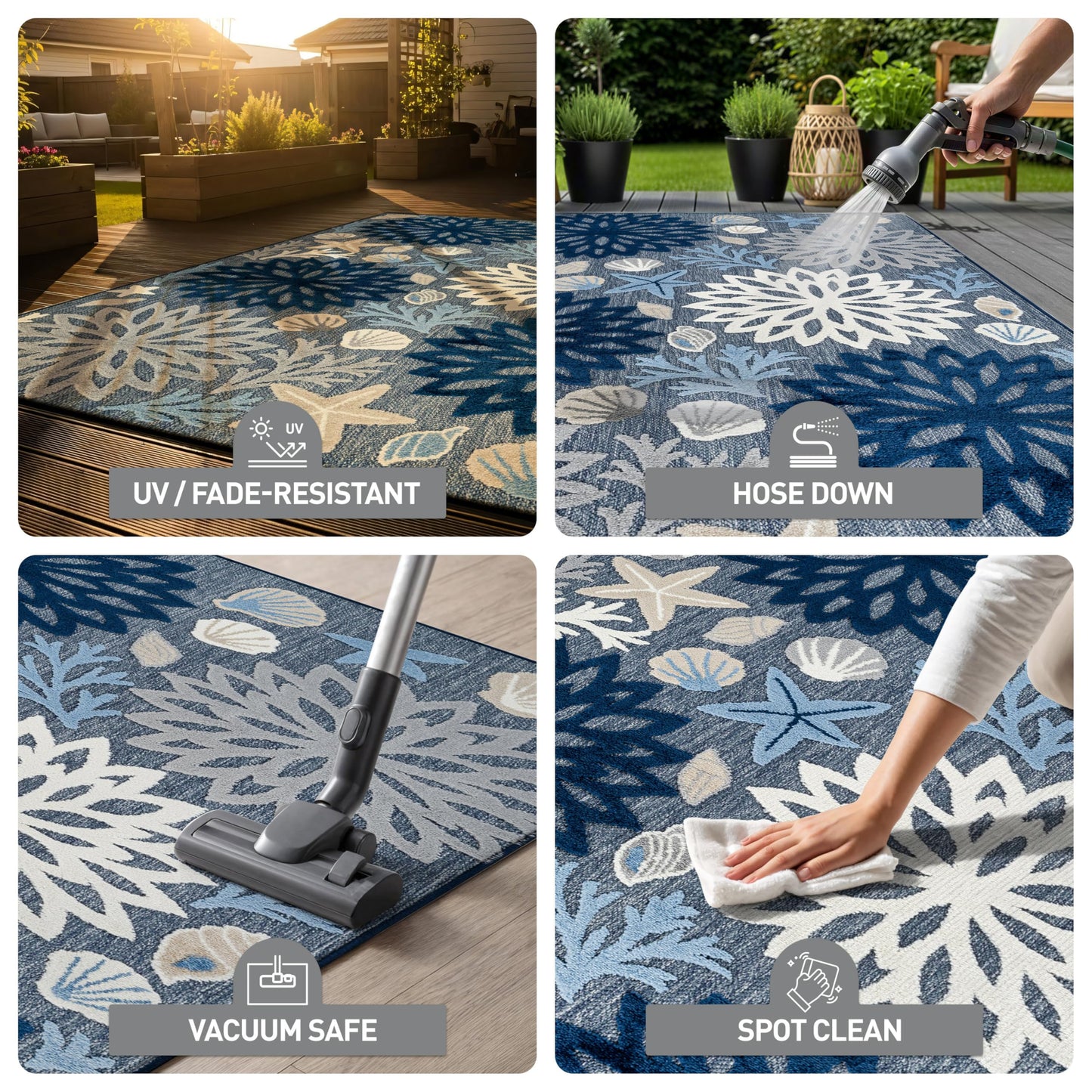 Rugshop Indoor/Outdoor High-Low Textured Runner Rug, Coastal Floral, Easy-Clean Patio Rug for Porch Deck Balcony 2' x 7' Navy