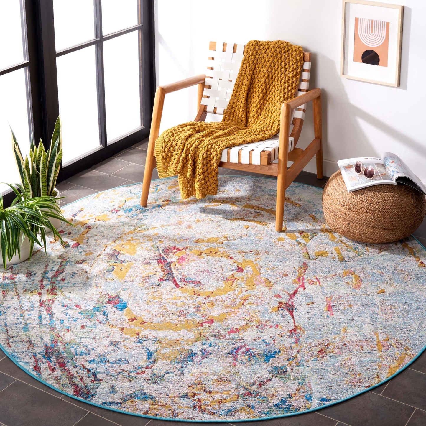 SAFAVIEH Washable Rug Outdoor Barbados Collection - 6'6" Round, Light Blue & Yellow Rust, Non-Shedding & Easy to Clean, Ideal for Patio, Backyard, Mudroom (BAR538J)