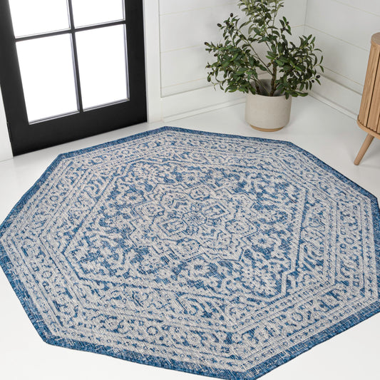 JONATHAN Y Medallion Weave Indoor Outdoor Octagon Area Rug 5 Ft Navy/Gray, Sinjuri Textured for Backyard, Patio, Porch, Easy-Cleaning, High Traffic, Pet-Friendly, Non-Shedding (SMB101B-5TGN)