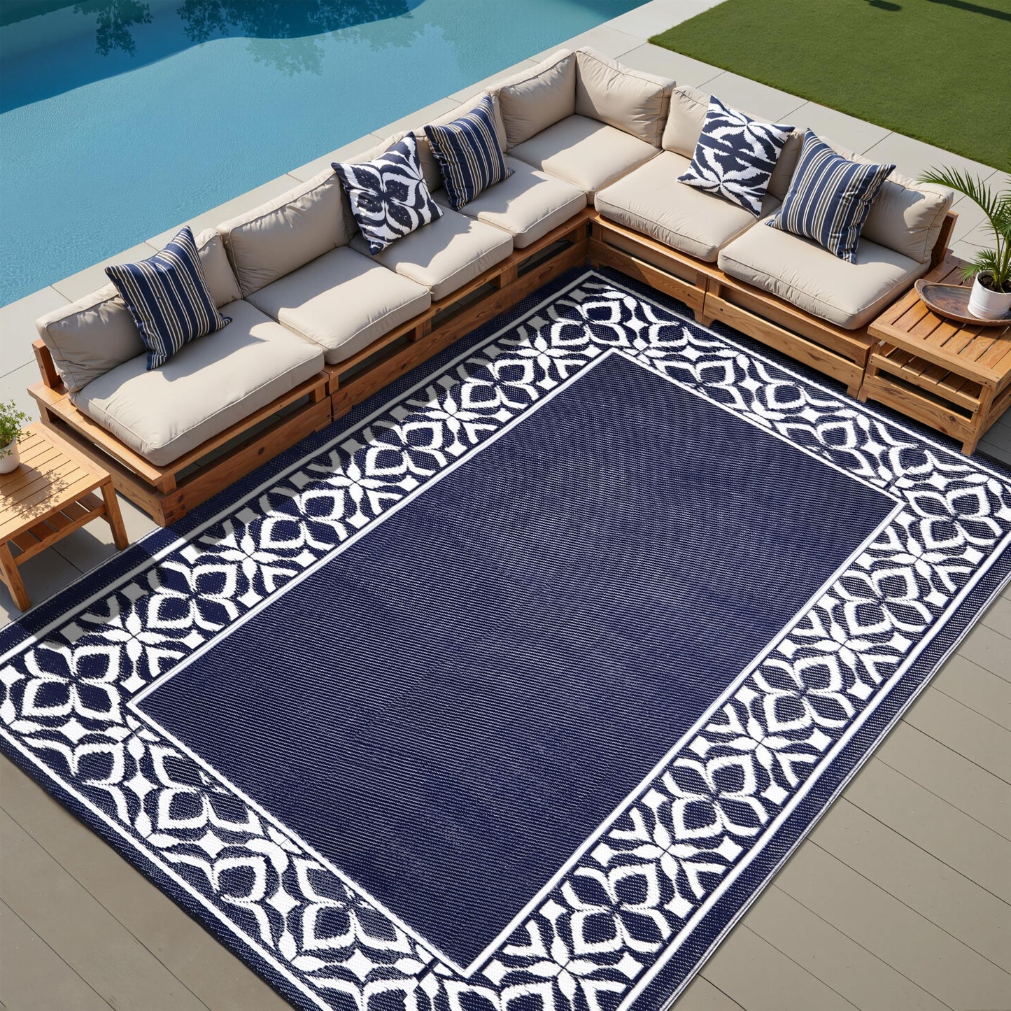 PureCozy Outdoor Plastic Straw Rug Navy Blue Large Outside Waterproof Outdoor Patio 8x10 Carpet Geometric Reversible Mat Modern for Camping RV Porch Deck Balcony Beach