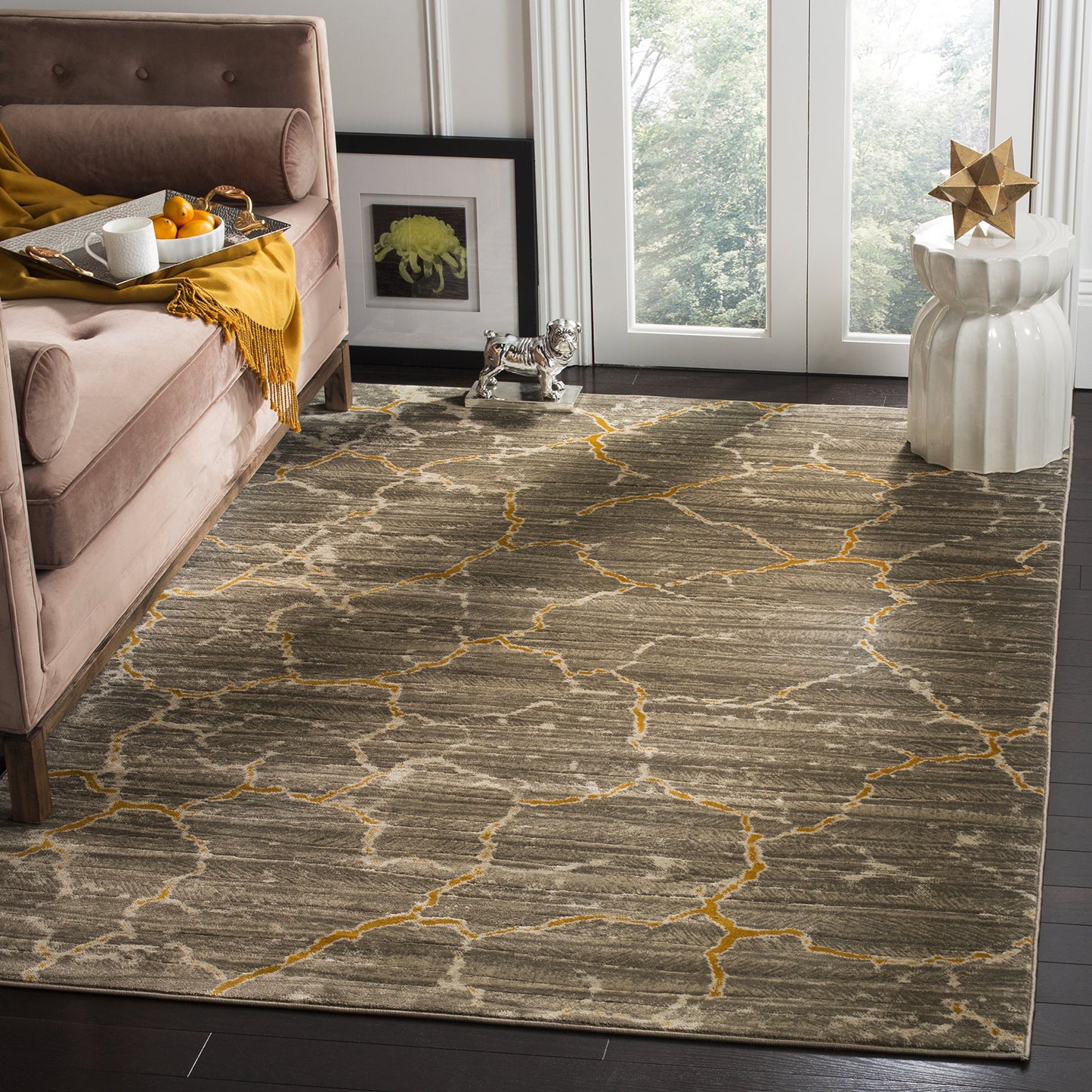 SAFAVIEH Porcello Collection Accent Rug - 4'1" x 6', Dark Grey & Yellow, Modern Abstract Design, Non-Shedding & Easy Care, Ideal for High Traffic Areas in Entryway, Living Room, Bedroom (PRL7738C)