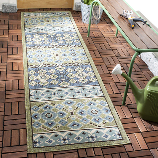 SAFAVIEH Washable Rug Outdoor Veranda Collection - 2'3" x 10' Runner, Green & Blue, Non-Shedding & Easy to Clean, Ideal for Patio, Backyard, Mudroom (VER093-0642)