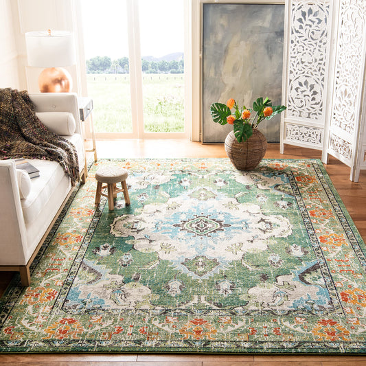 SAFAVIEH Monaco Collection Area Rug - 8' x 10', Forest Green & Light Blue, Non-Shedding & Easy to Clean, Distressed Medallion Design, Ideal for Living Room, Bedroom, Dining Space (MNC243F)