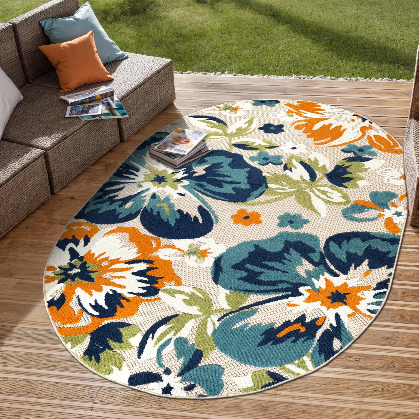Rugshop Multi Bergamo Floral Indoor/Outdoor Oval Area Rug Machine Washable for Patio, Deck and Living Room, 5' x 7' Oval