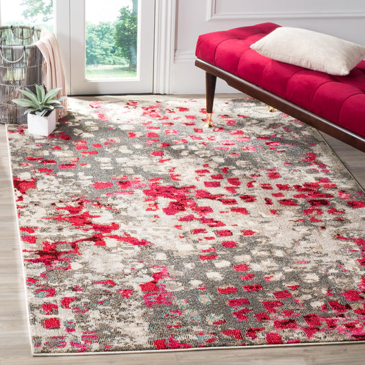 SAFAVIEH Monaco Collection Area Rug - 6'7" x 9'2", Grey & Fuchsia, Boho Chic Abstract Watercolor Design, Non-Shedding & Easy Care, Ideal for High Traffic Areas in Living Room, Bedroom (MNC225R)