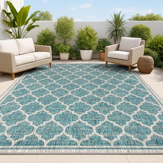 JONATHAN Y Moroccan Trellis Indoor Outdoor Area Rug 8X10 Teal/Gray, Trebol Textured Weave for Backyard, Patio, Porch, Easy-Cleaning, High Traffic, Pet-Friendly, Non-Shedding (SMB109E-8)