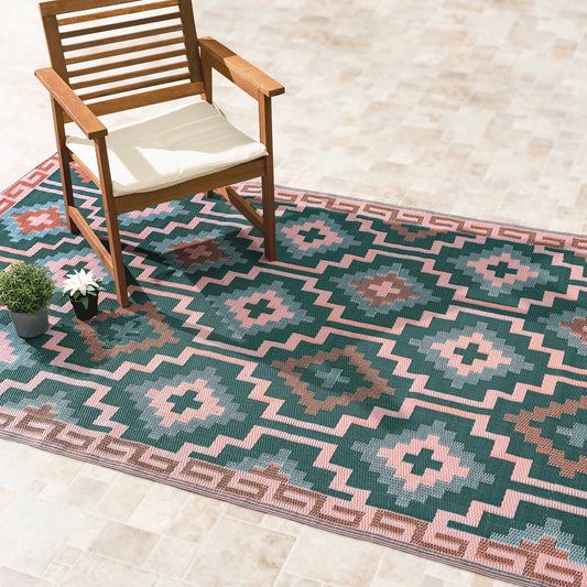 Fab Habitat Outdoor Rug - Waterproof, Fade Resistant, Crease-Free, Reversible - Premium Recycled Plastic - Vintage Boho Kilim - Patio, Deck, Porch, Balcony, Laundry Room - Lhasa - Green - 4 x 6 ft