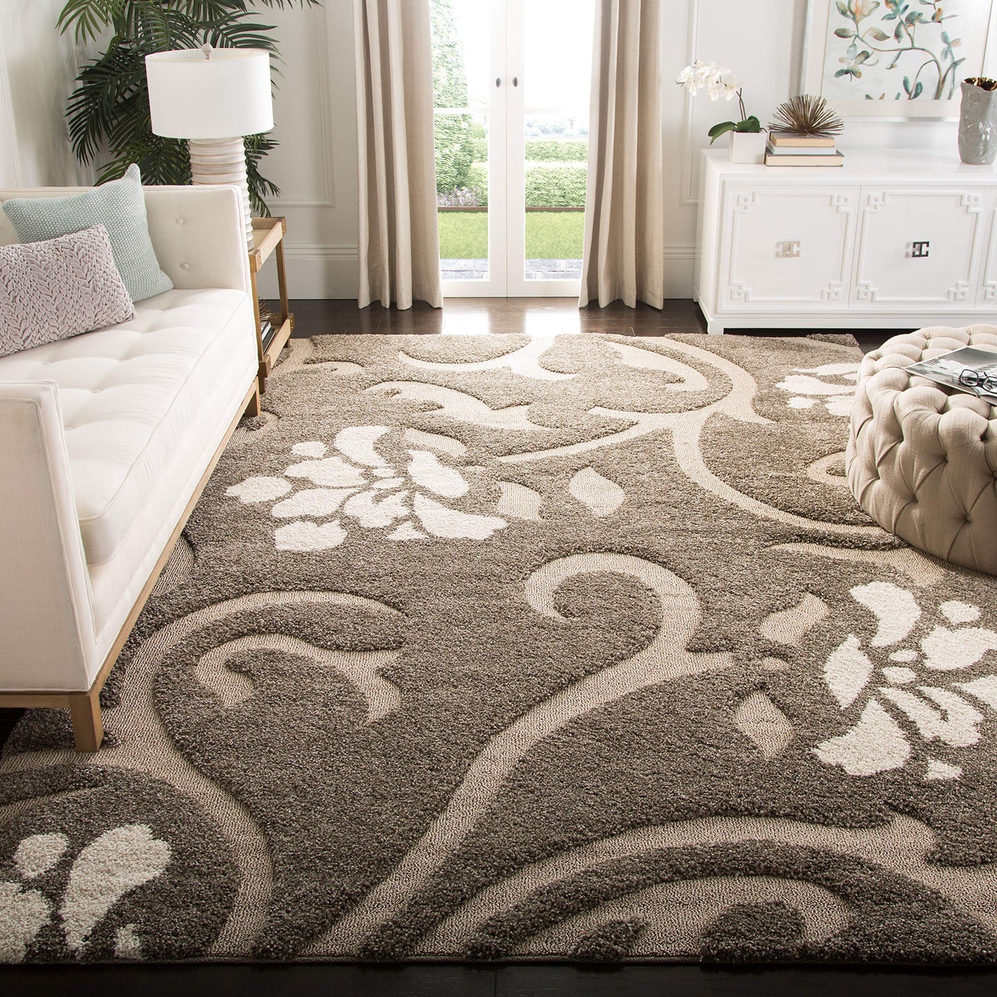SAFAVIEH Florida Shag Collection Area Rug - 6' x 9', Smoke & Beige, Floral Design, Non-Shedding & Easy Care, 1.2-inch Thick Ideal for High Traffic Areas in Living Room, Bedroom (SG464-7913)