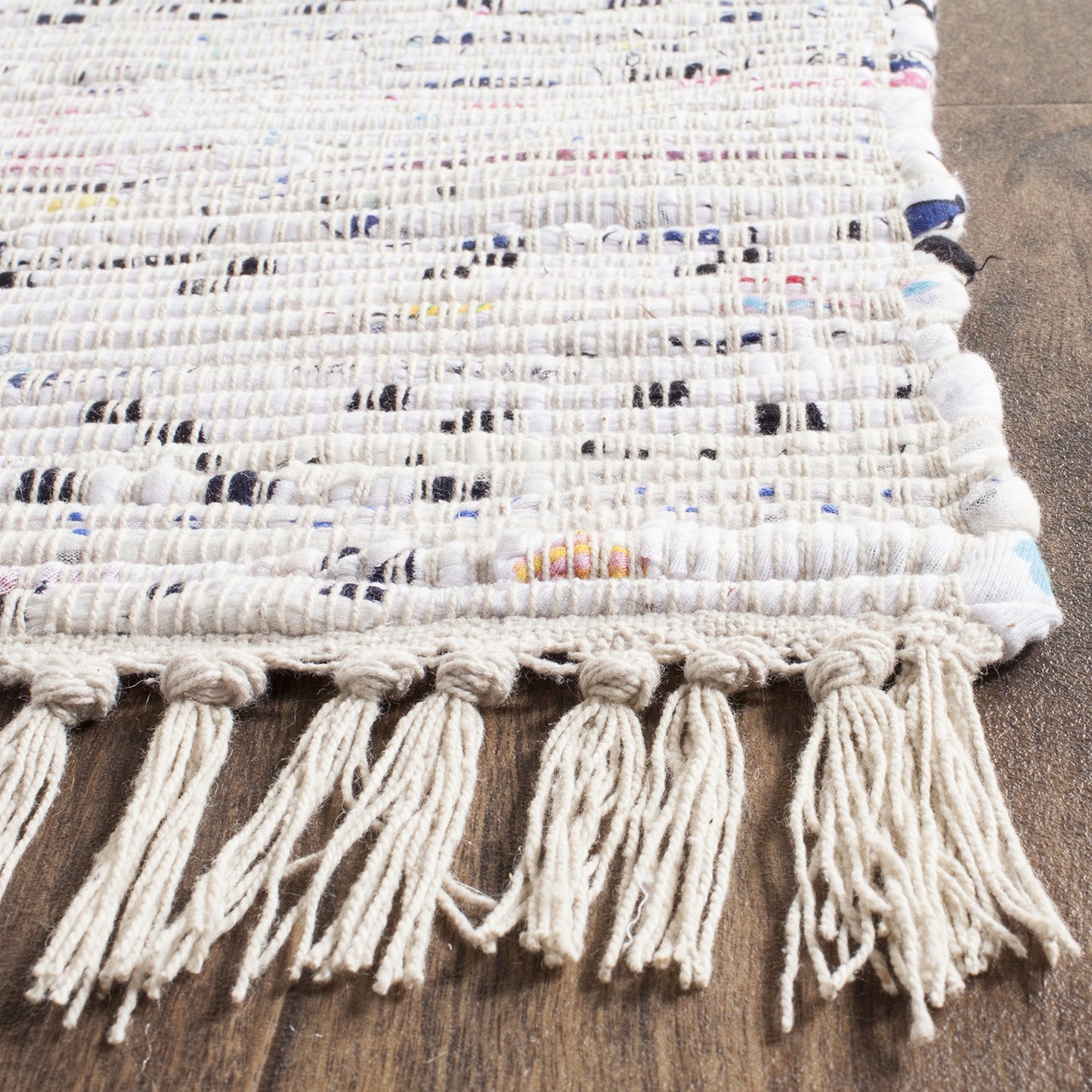 SAFAVIEH Rag Rug Collection Area Rug - 9' Square, Ivory & Multi, Handmade Boho Stripe Cotton, Ideal for High Traffic Areas in Living Room, Bedroom (RAR121G)