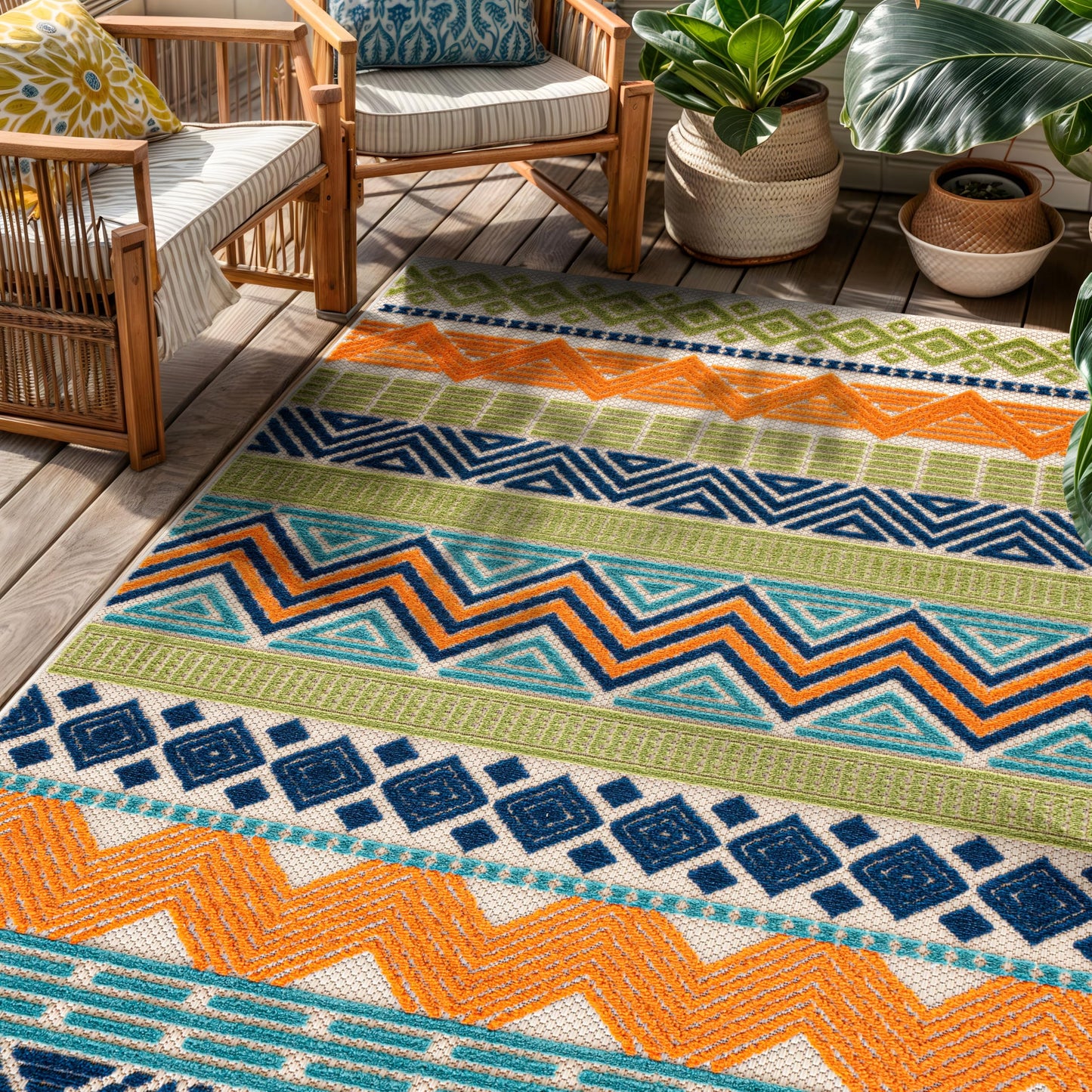 Rugshop Multi Marbella Boho Indoor/Outdoor Area Rug for Deck,Patio, Balcony and Entryway 4' x 6'